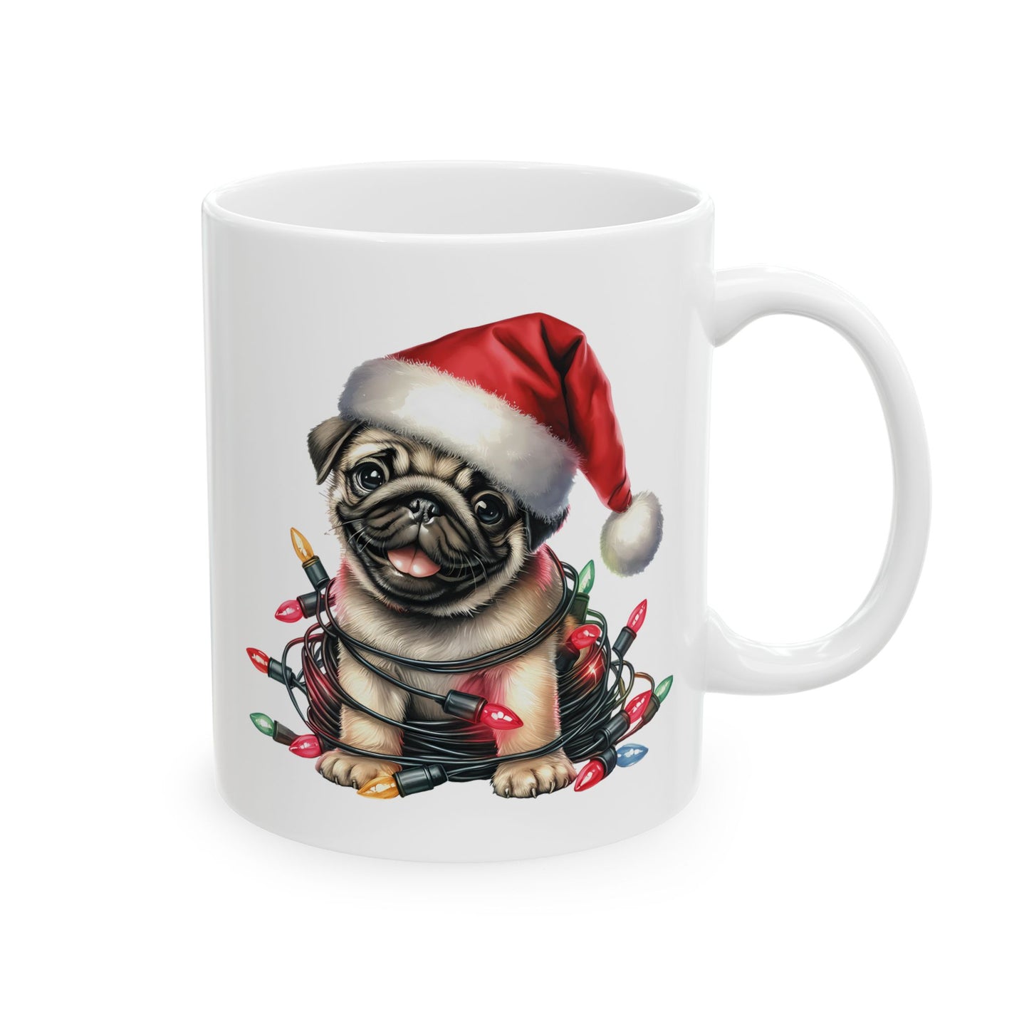 🎄 Pug Christmas Mug – Festive Santa Hat & Tangled Lights Delight 🎁