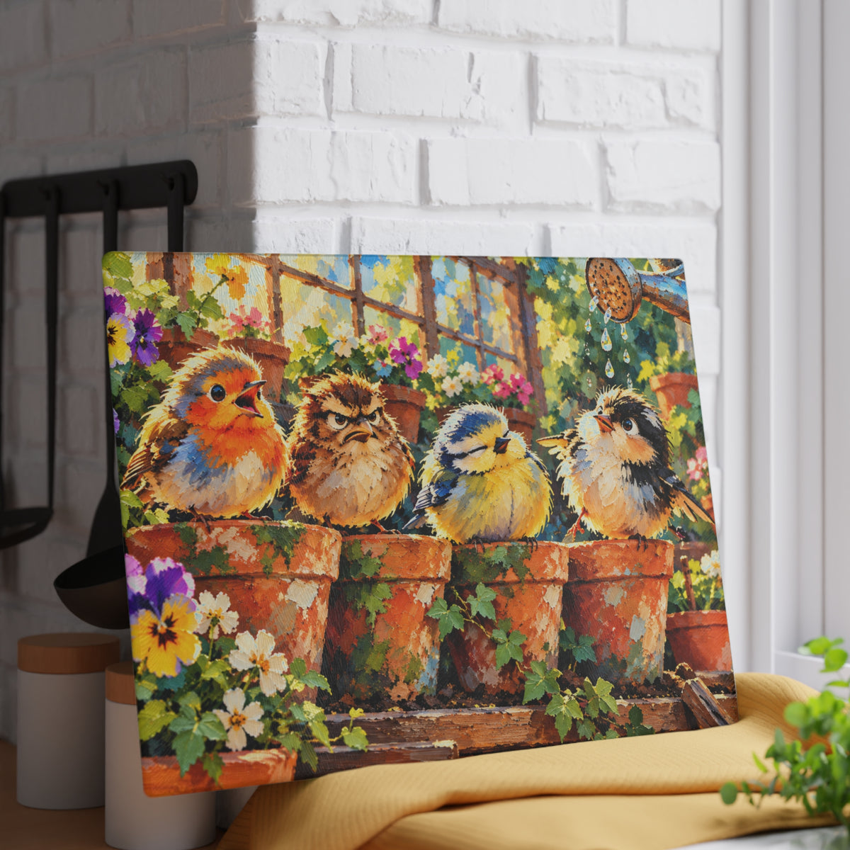Four Funny Garden Birds – Colorful Painted Tempered Glass Cutting Board – Whimsical Bird and Flower Kitchen Decor