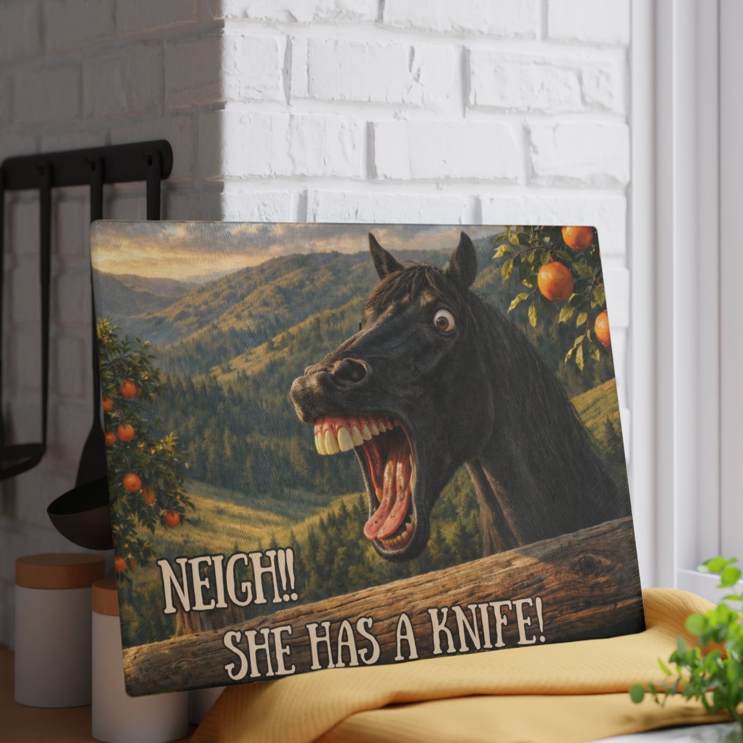 Funny Horse Neigh She Has a Knife Glass Cutting Board – Humorous Farmhouse Horse Lover Kitchen Decor