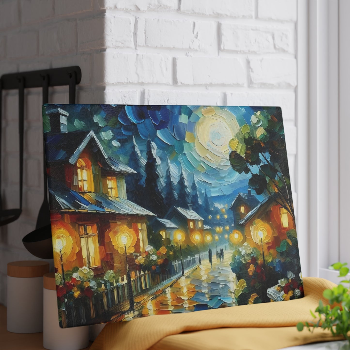 Cozy Moonlit Village Glass Cutting Board