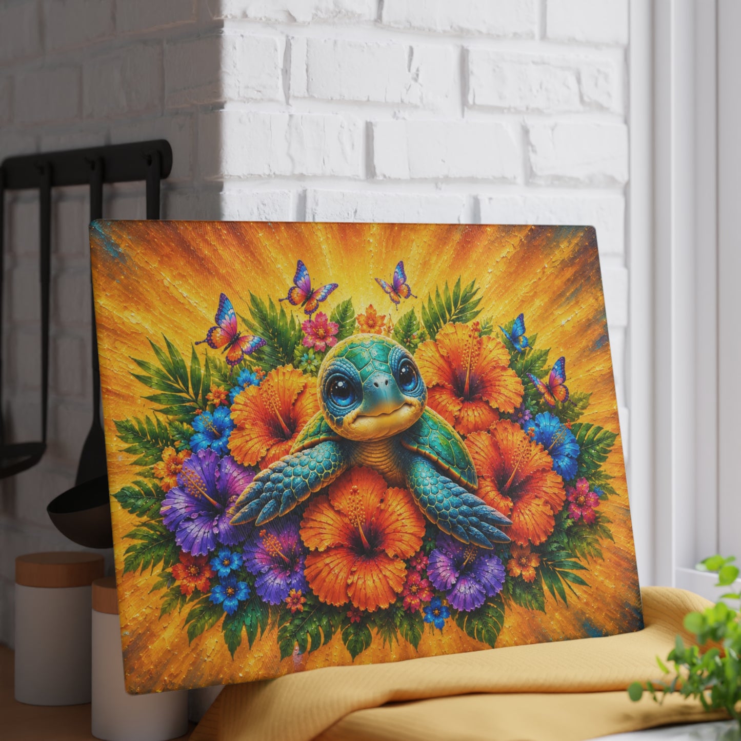 Baby Sea Turtle & Tropical Hibiscus Glass Cutting Board – Colorful Coastal Beach Kitchen Decor