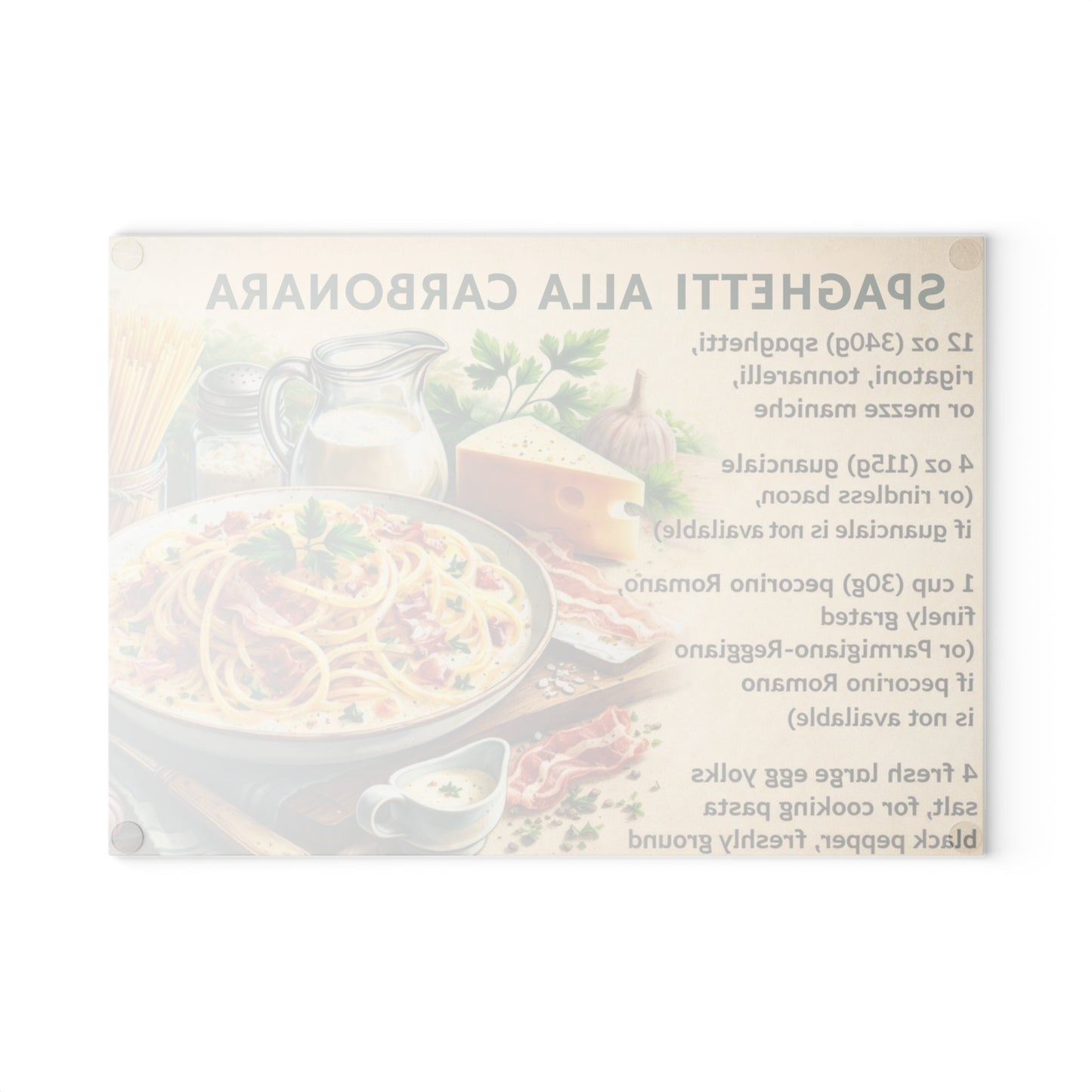 Spaghetti alla Carbonara Recipe Glass Cutting Board – Classic Italian Kitchen Artwork