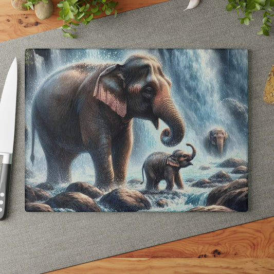 Tabla de cortar de vidrio templado con diseño de cascada de mamá y bebé elefante, decoración de cocina con temática de vida silvestre, regalo único, regalo para amantes de los elefantes, regalo personalizado
