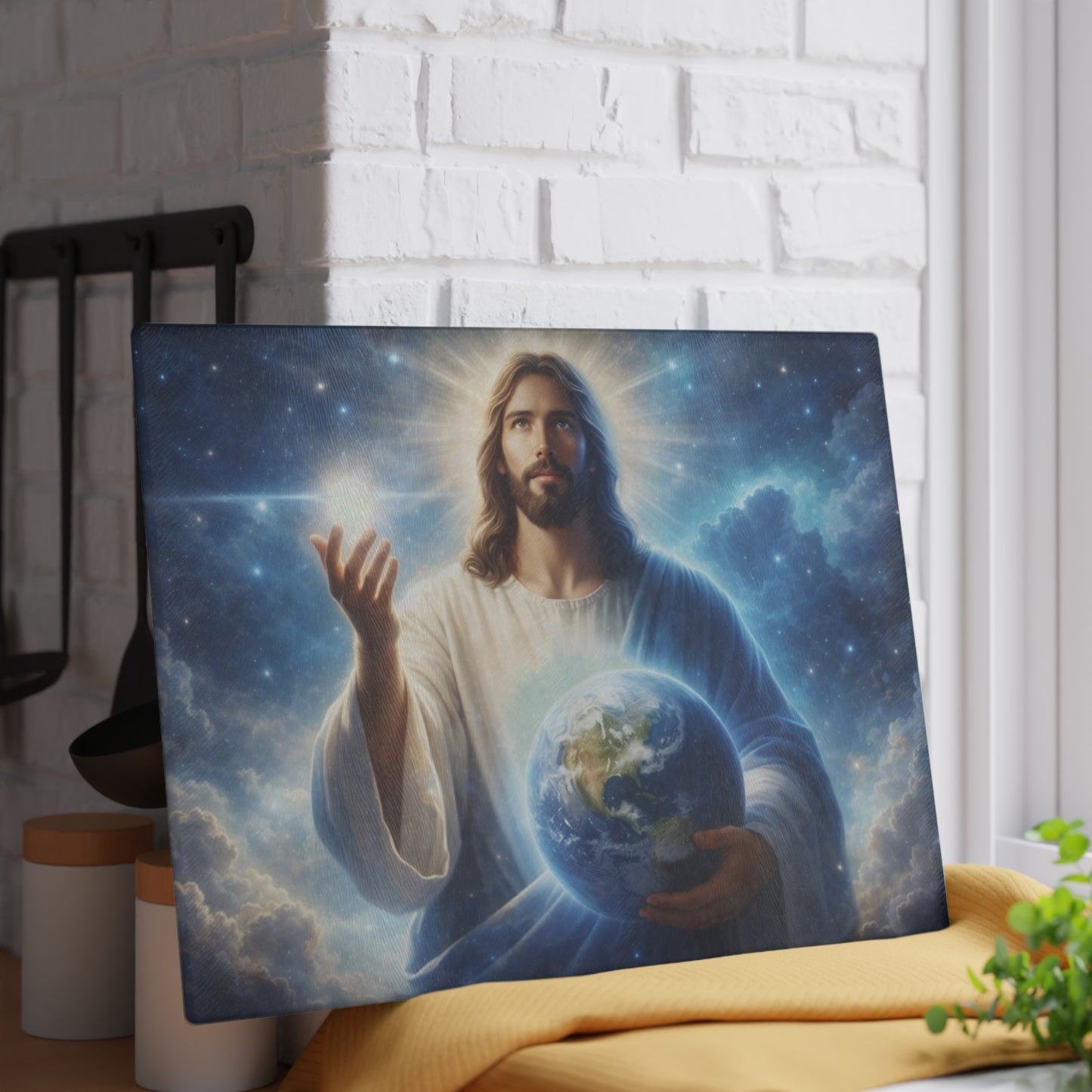 King of Creation Glass Cutting Board – Faith-Inspired Artwork Holding the World