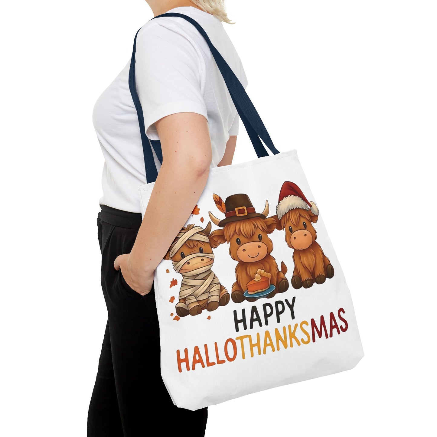 🐮 Happy Hallothanksmas Highland Cow Tote Bag – Holiday Fun All Season 🎃🦃🎄👜