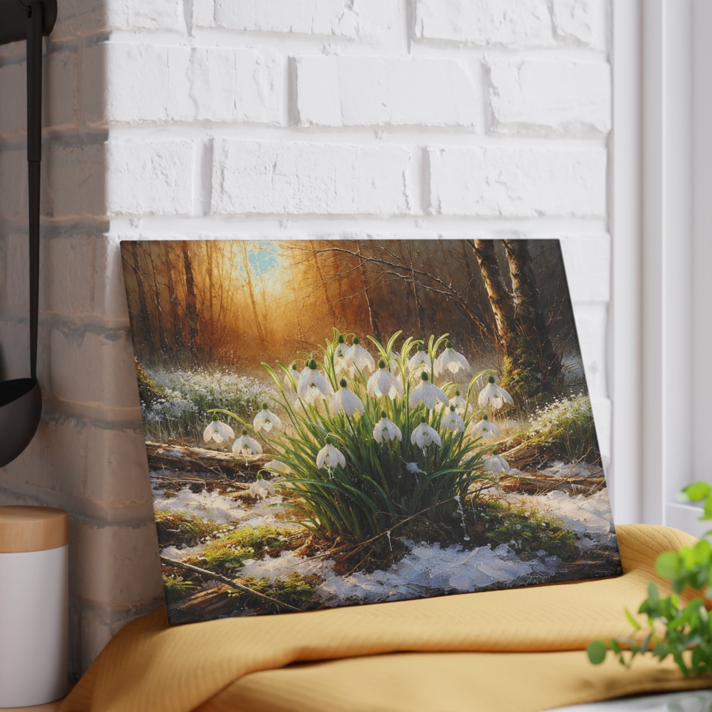 Snowdrops in Winter Forest Glass Cutting Board – Early Spring Botanical Nature Art