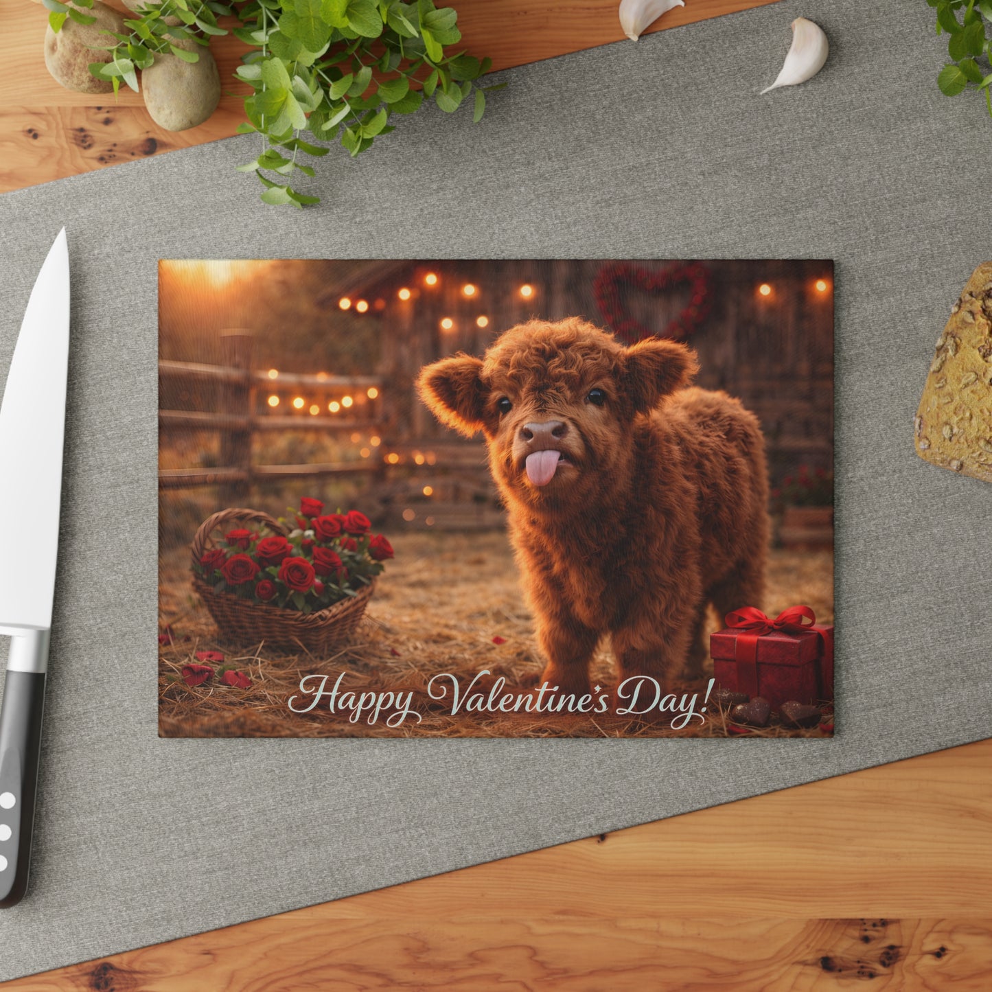Valentine Highland Calf Glass Cutting Board – Cozy Farmhouse Love Kitchen Décor