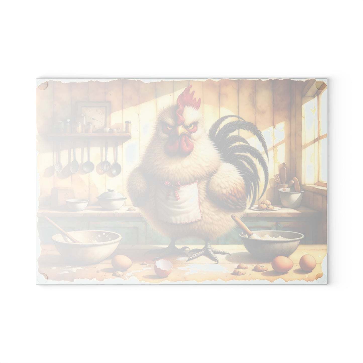 🐓🍪 “Grumpy Baker Rooster” Glass Cutting Board – Cozy Laughs for Your Kitchen