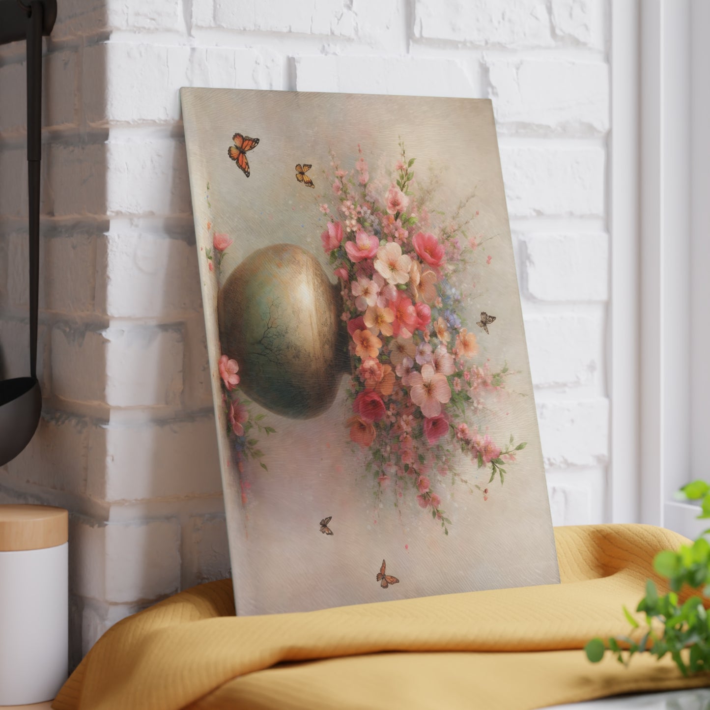 Blossoming Floral Vase with Butterflies Glass Cutting Board – Elegant Botanical Kitchen Art