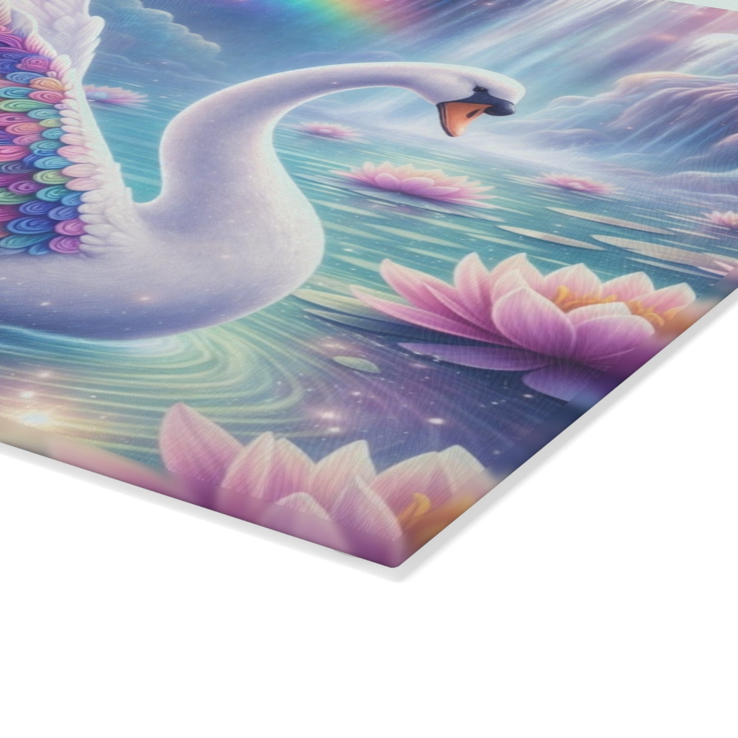 Rainbow Swan Fantasy Glass Cutting Board – Dreamy Water Garden Kitchen Art