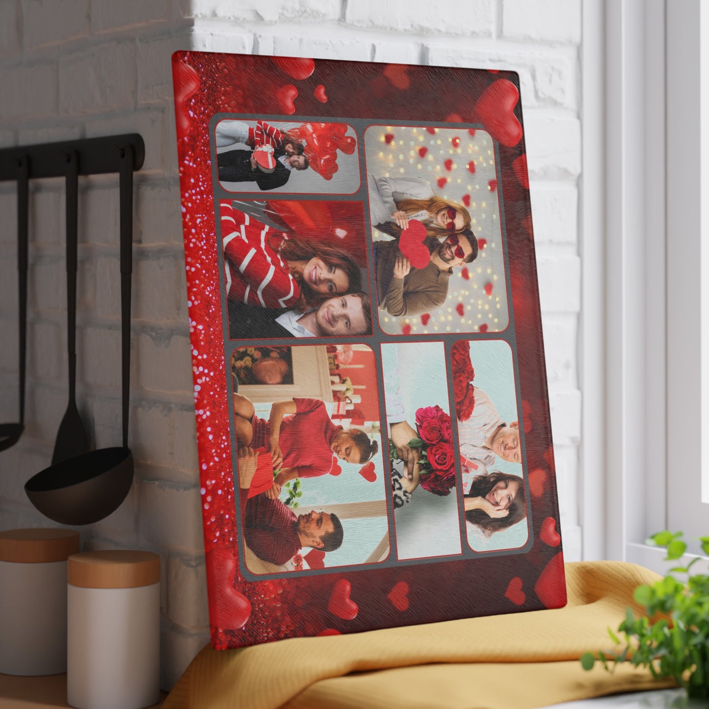Happy Valentine’s Day Photo Collage Glass Cutting Board – Personalized Romantic Keepsake