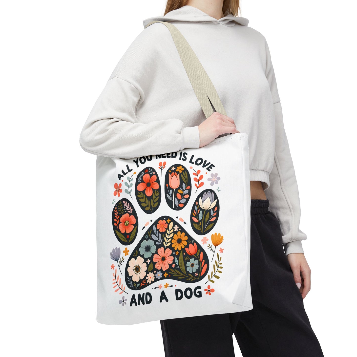 🐾 All You Need is Love and a Dog Tote Bag – Floral Paw Print Perfection 🌸