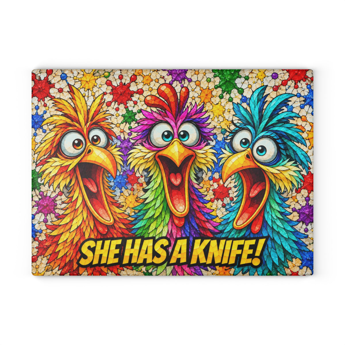 She Has a Knife! Funny Colorful Birds Stained-Glass-Inspired Glass Cutting Board