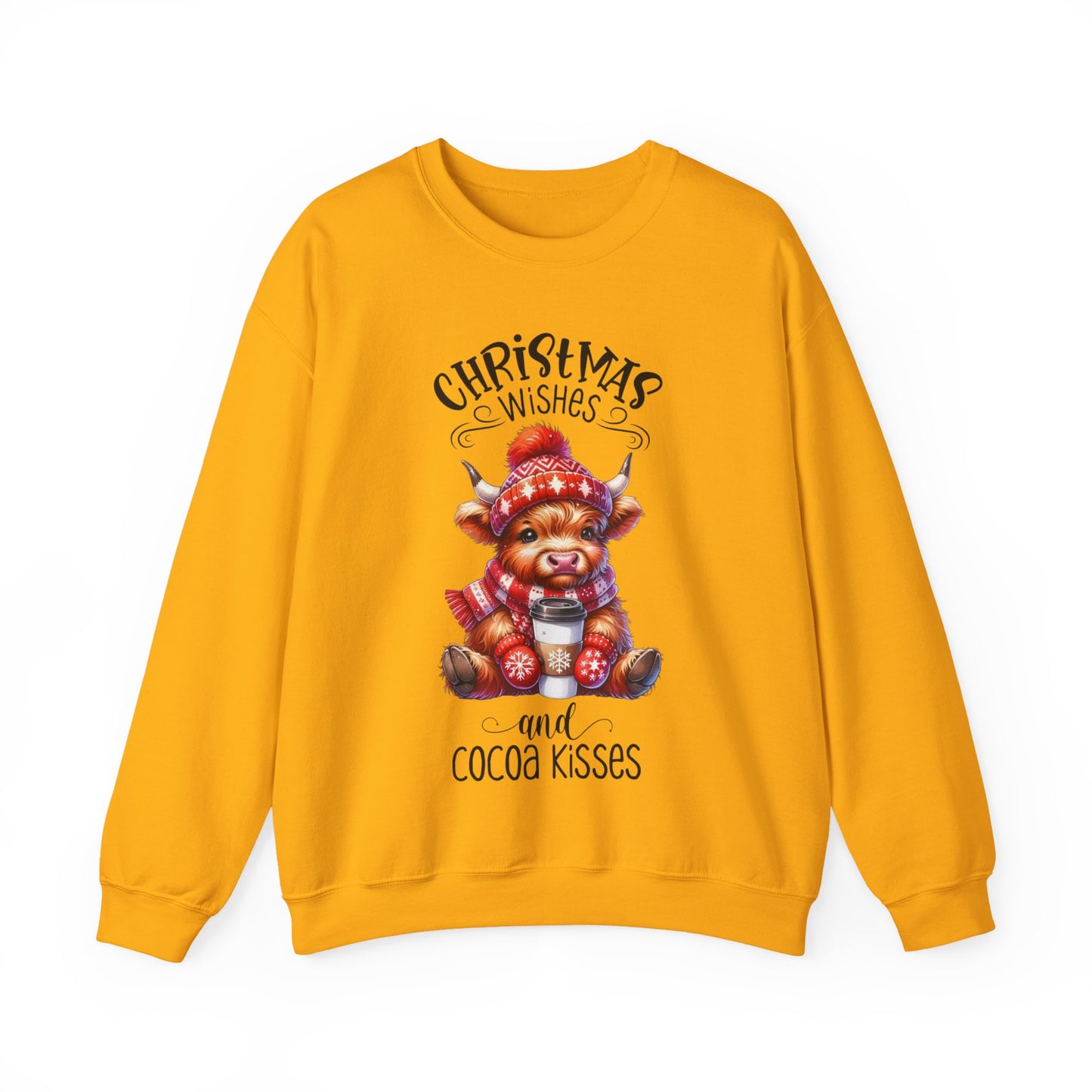 🎄☕🐮 Christmas Wishes and Cocoa Kisses Sweatshirt – Cozy Highland Cow Holiday Sweater ❄️❤️