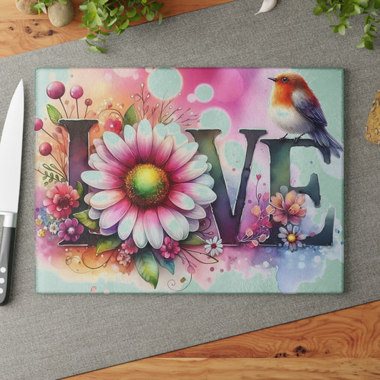 Tabla de cortar, diseño de amor con pájaros y girasoles, decoración de cocina, bandeja de vidrio para servir, regalo de inauguración de la casa, utensilio de cocina