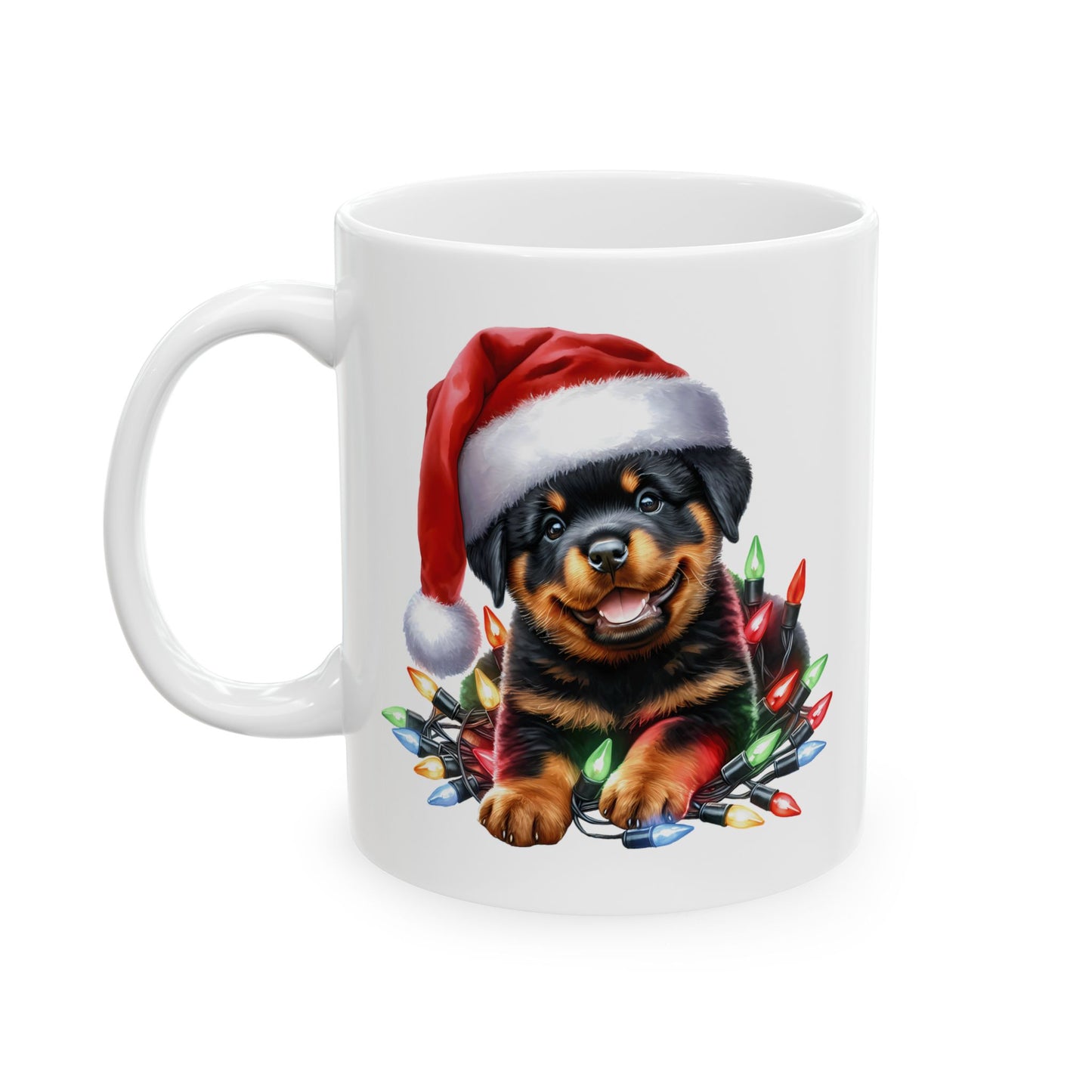 🎄 Rottweiler Christmas Lights Mug – Festive Cheer with Puppy Cuteness ☕