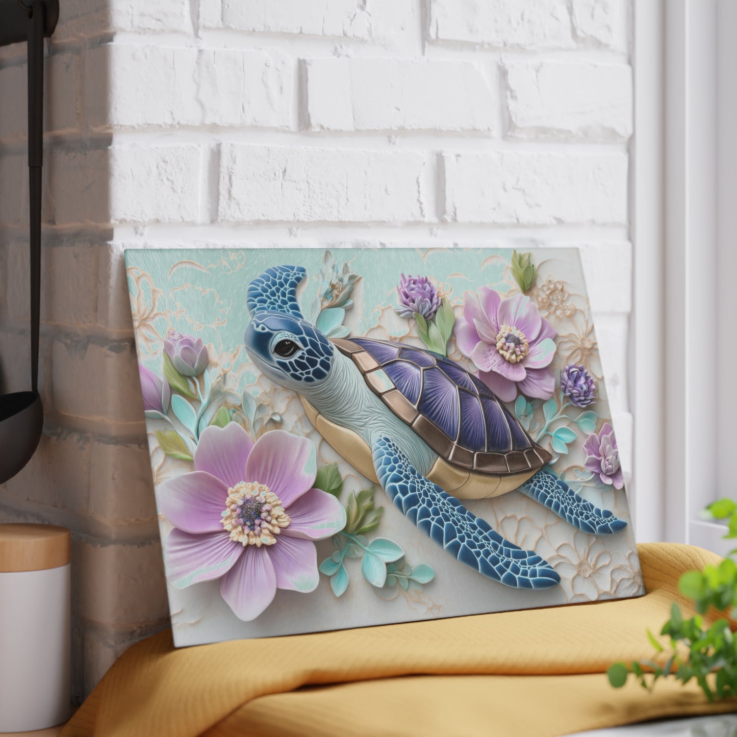 🐢 Floral Sea Turtle Cutting Board – Ocean Beauty Meets Botanical Elegance