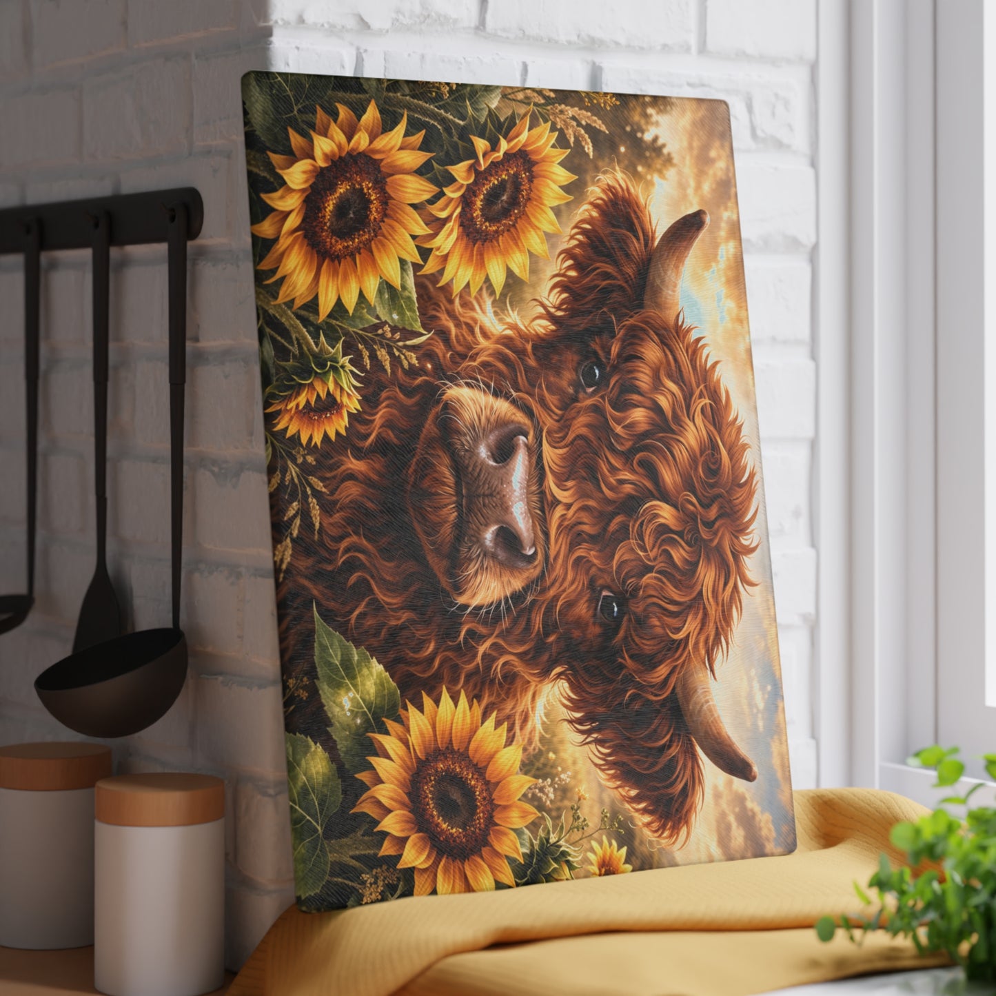 Sunflower Meadow Highland Cow Glass Cutting Board – Warm Farmhouse Floral Art with Country Charm