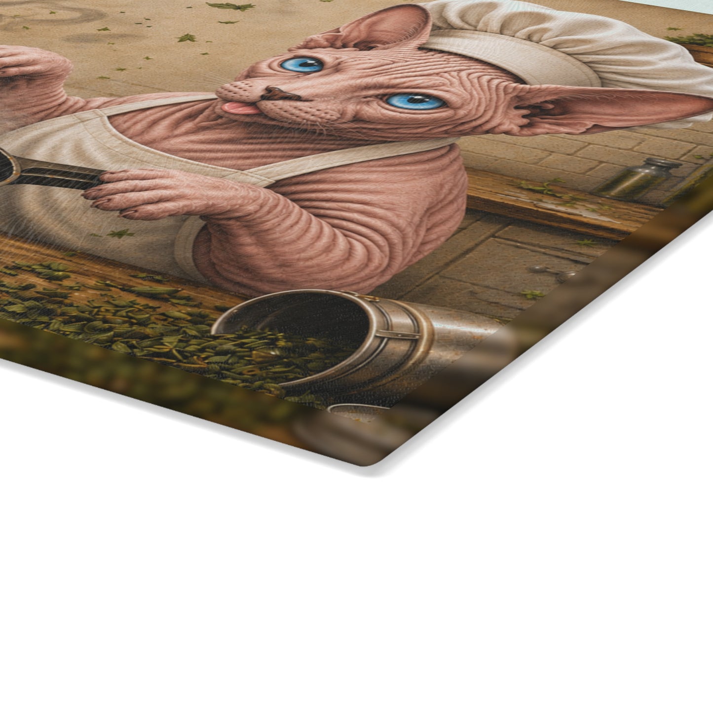 Catnip Made Me Do It! Glass Cutting Board – Funny Hairless Cat Kitchen Decor with Chef Sphynx Artwork