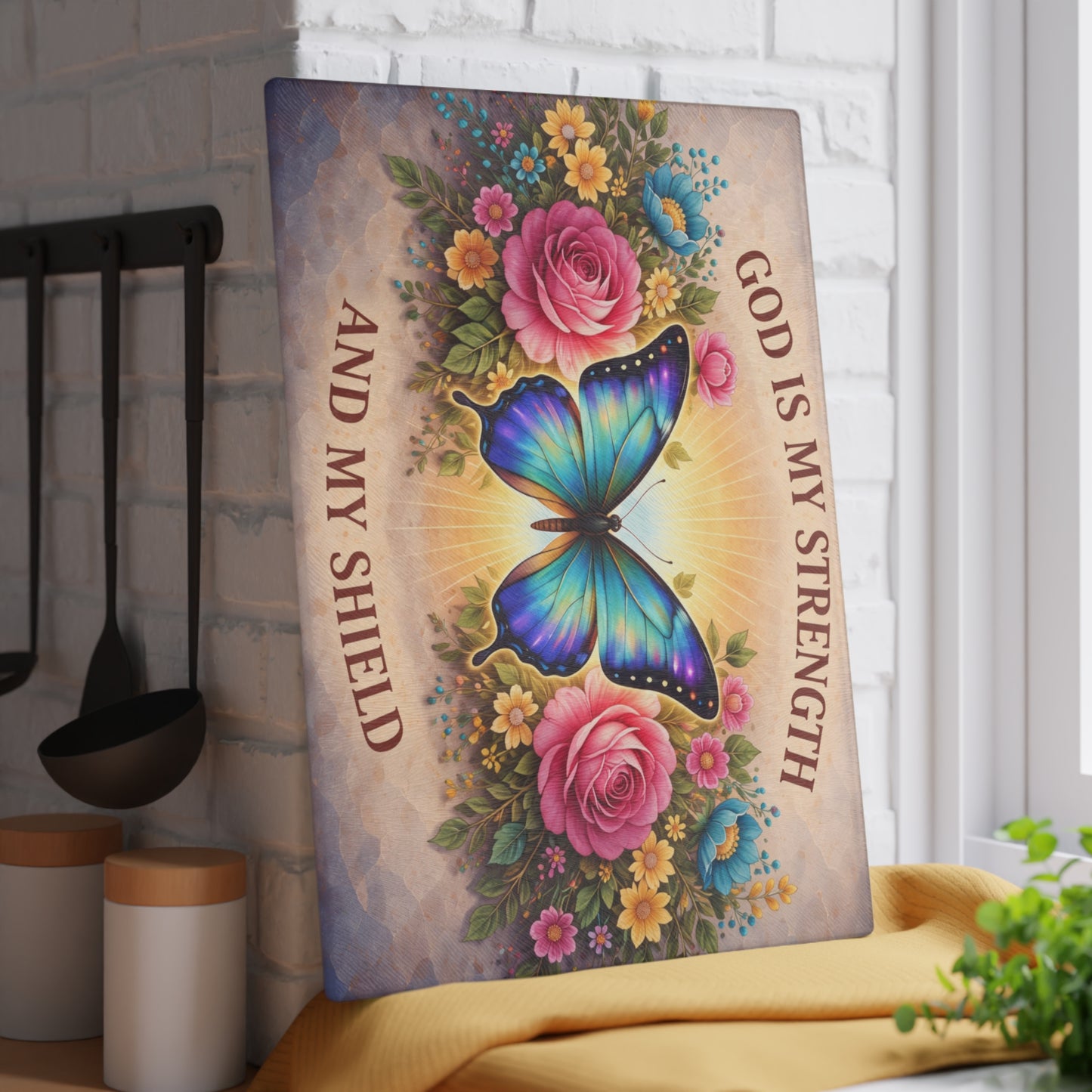 God Is My Strength Glass Cutting Board – Faith Butterfly Floral Christian Kitchen Display