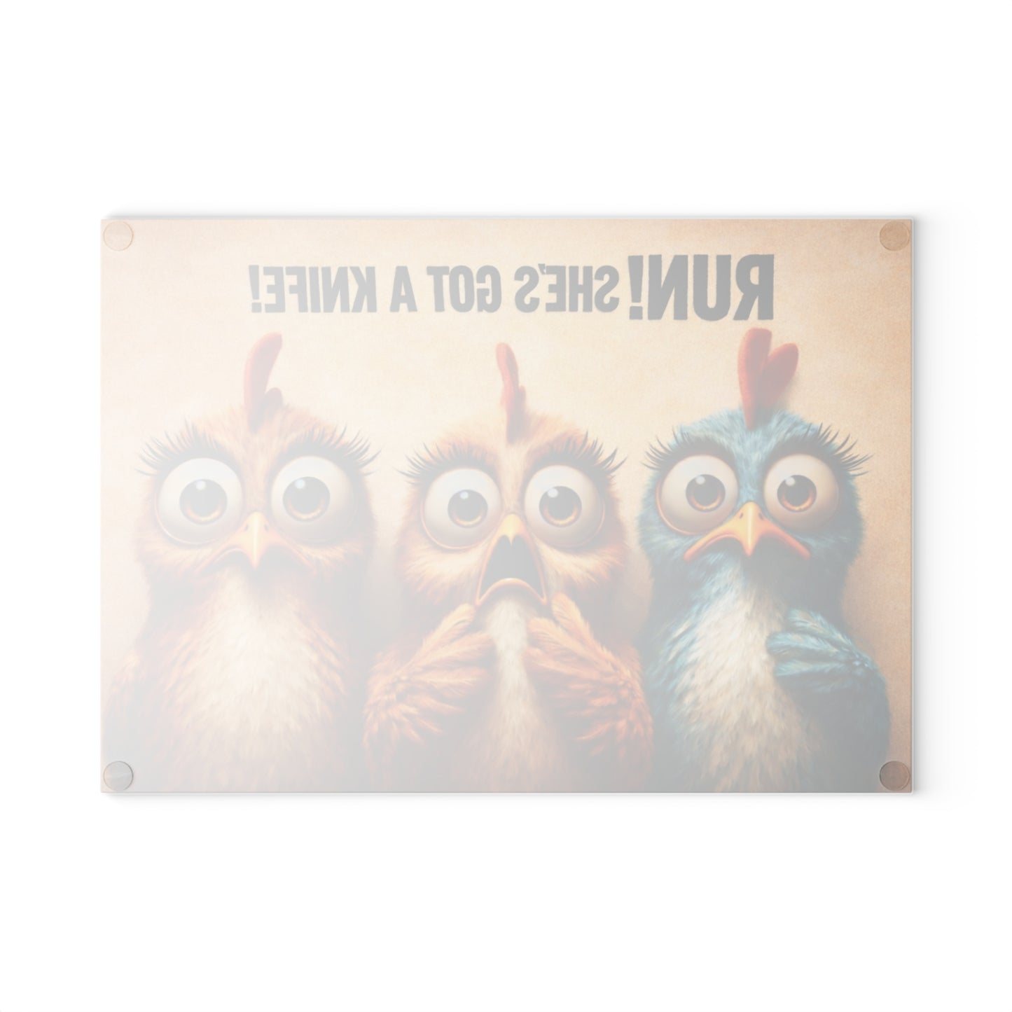 RUN! She’s Got a Knife Glass Cutting Board – Wide-Eyed Chicken Panic Farmhouse Artwork