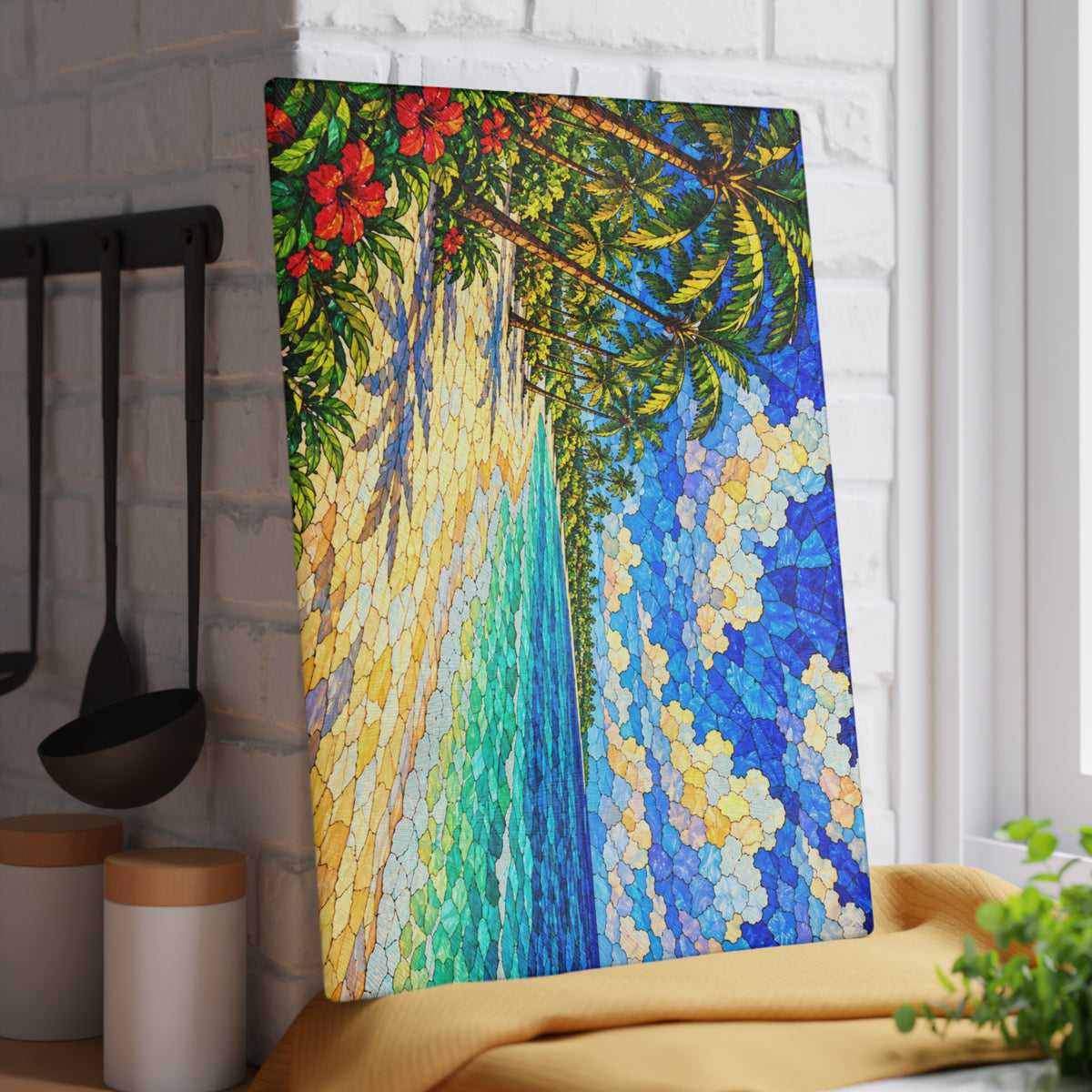 Tropical Paradise Stained-Glass-Inspired Glass Cutting Board – Palm Tree Beach Kitchen Decor