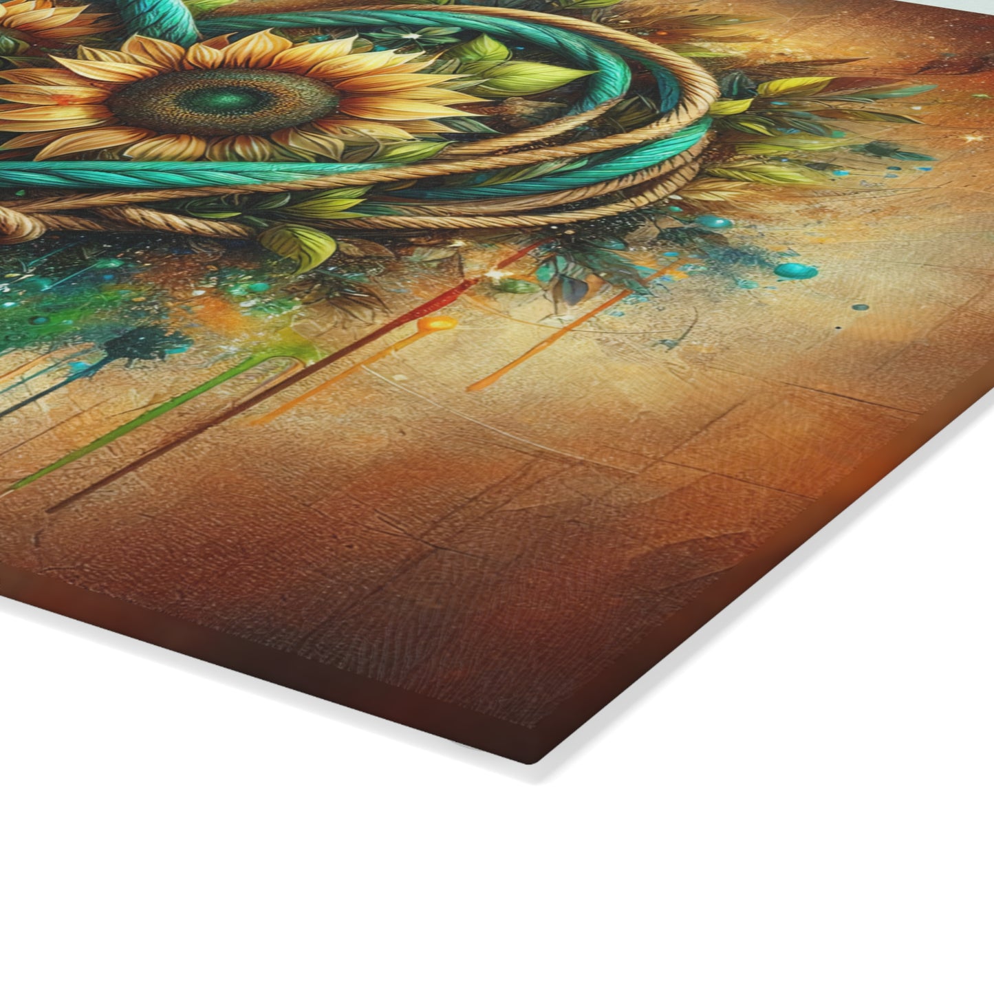 Sunflower Rope Heart Glass Cutting Board – Rustic Floral Love Kitchen Display