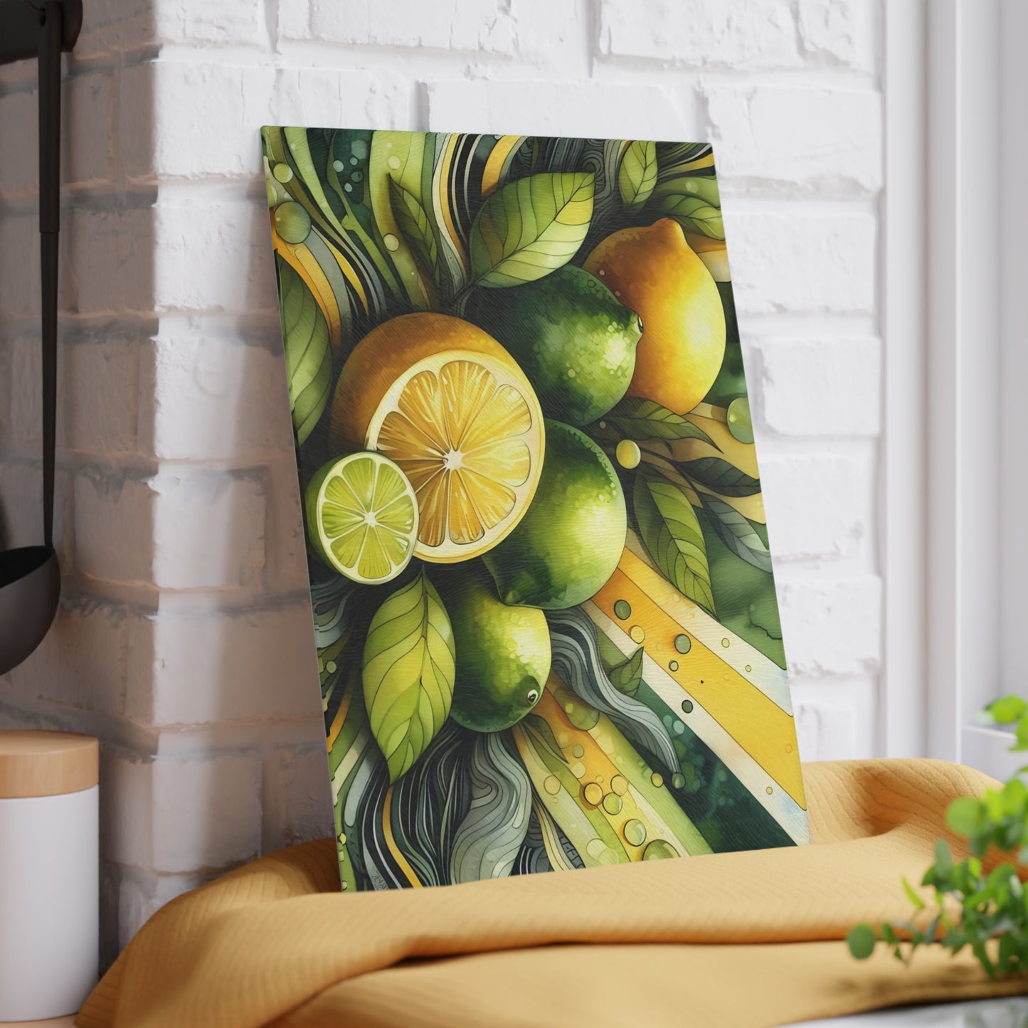 Tabla de cortar de vidrio con limones y limas frescas: decoración de cocina y estilo para servir con un toque cítrico
