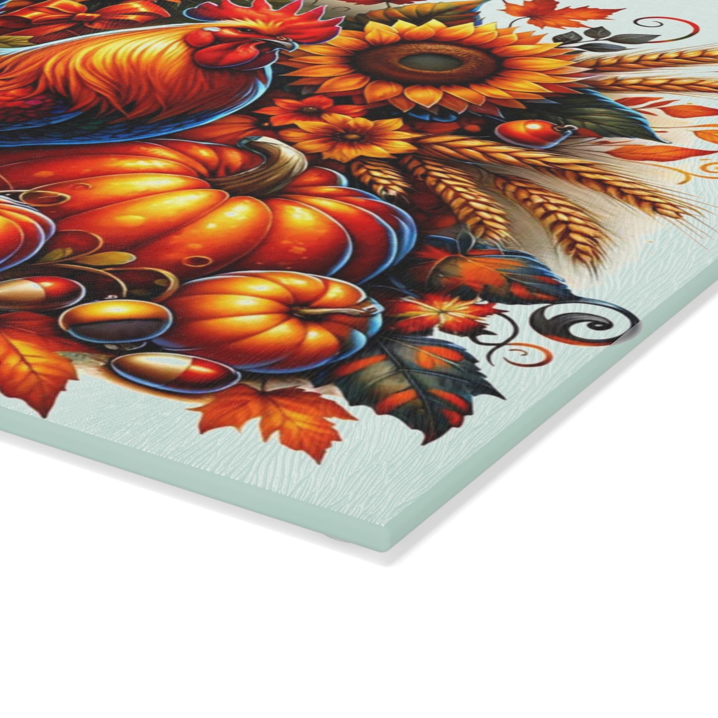 🧡🌻 “Harvest Rooster & Sunflowers” Glass Cutting Board – Cozy Charm for Your Kitchen