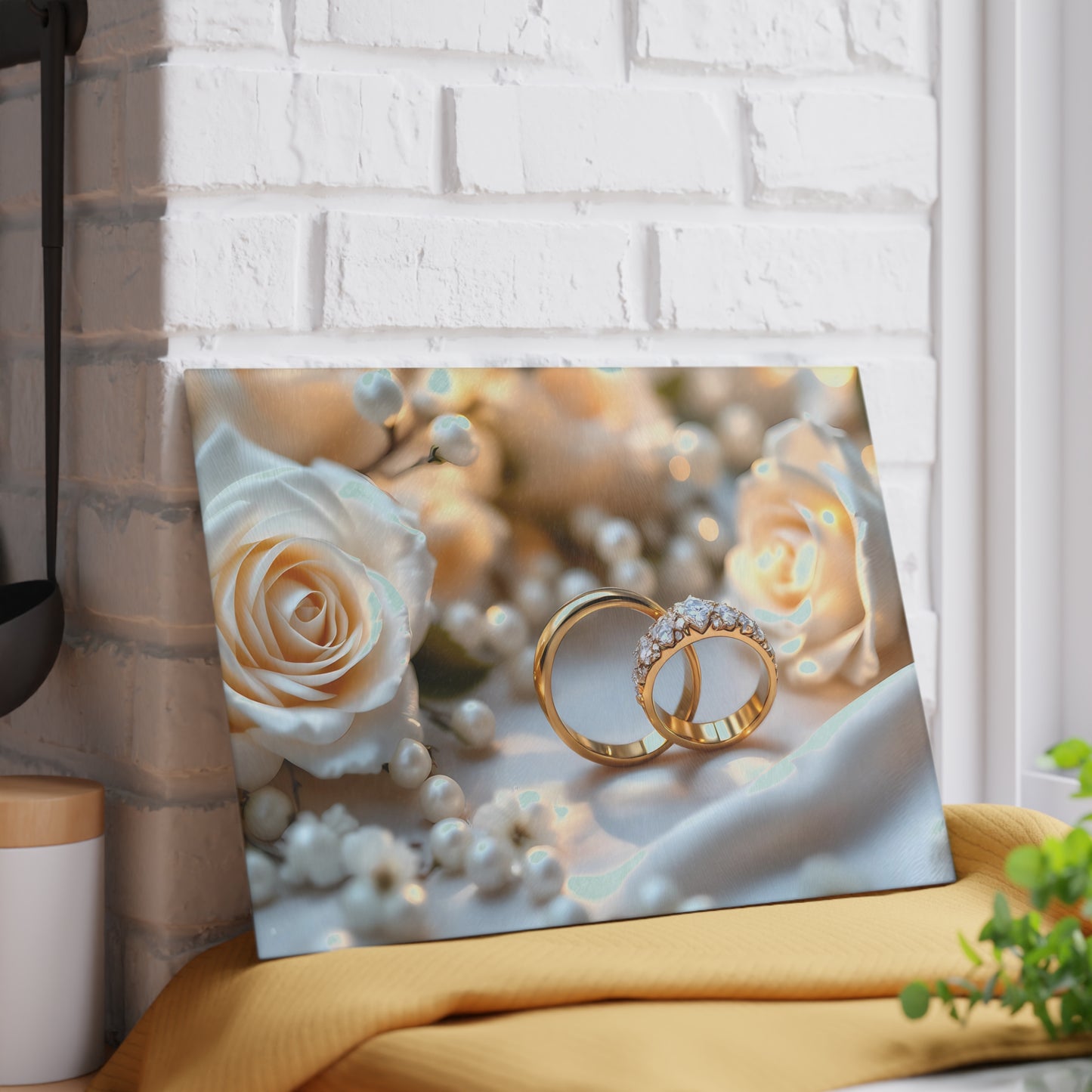 💒 White Rose & Gold Rings Cutting Board – Timeless Elegance for Weddings & Love