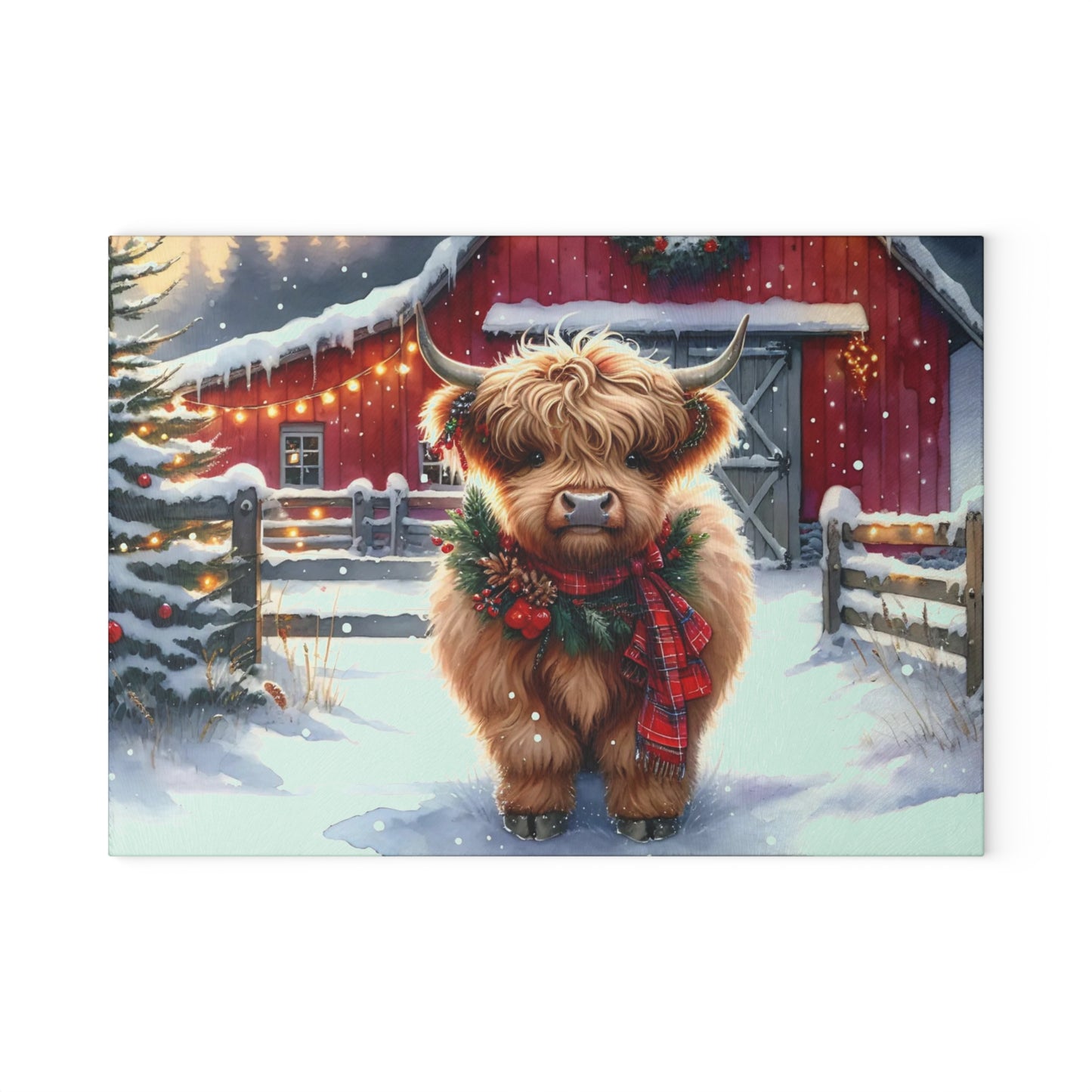 🐮❄️ “Cozy Highland Holiday Cow” Glass Cutting Board – Winter Charm for Your Kitchen