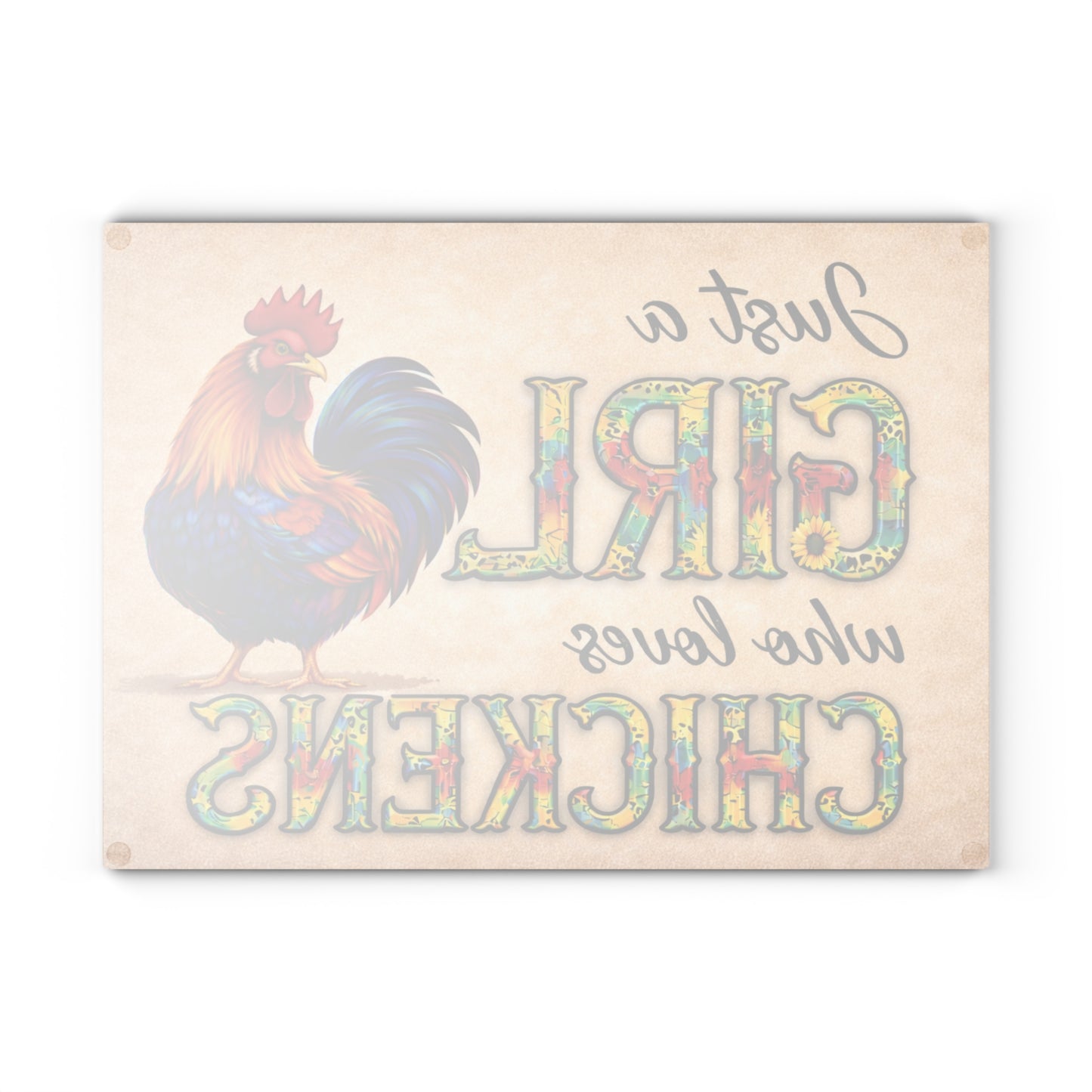 Just a Girl Who Loves Chickens Glass Cutting Board – Colorful Rooster Farm Kitchen Decor