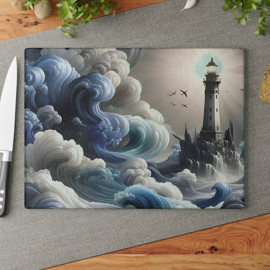 Tabla de cortar con diseño de faro, tabla de charcutería, tabla de cortar única, tabla de cortar de vidrio templado, regalo de inauguración de la casa, tabla de cortar personalizada