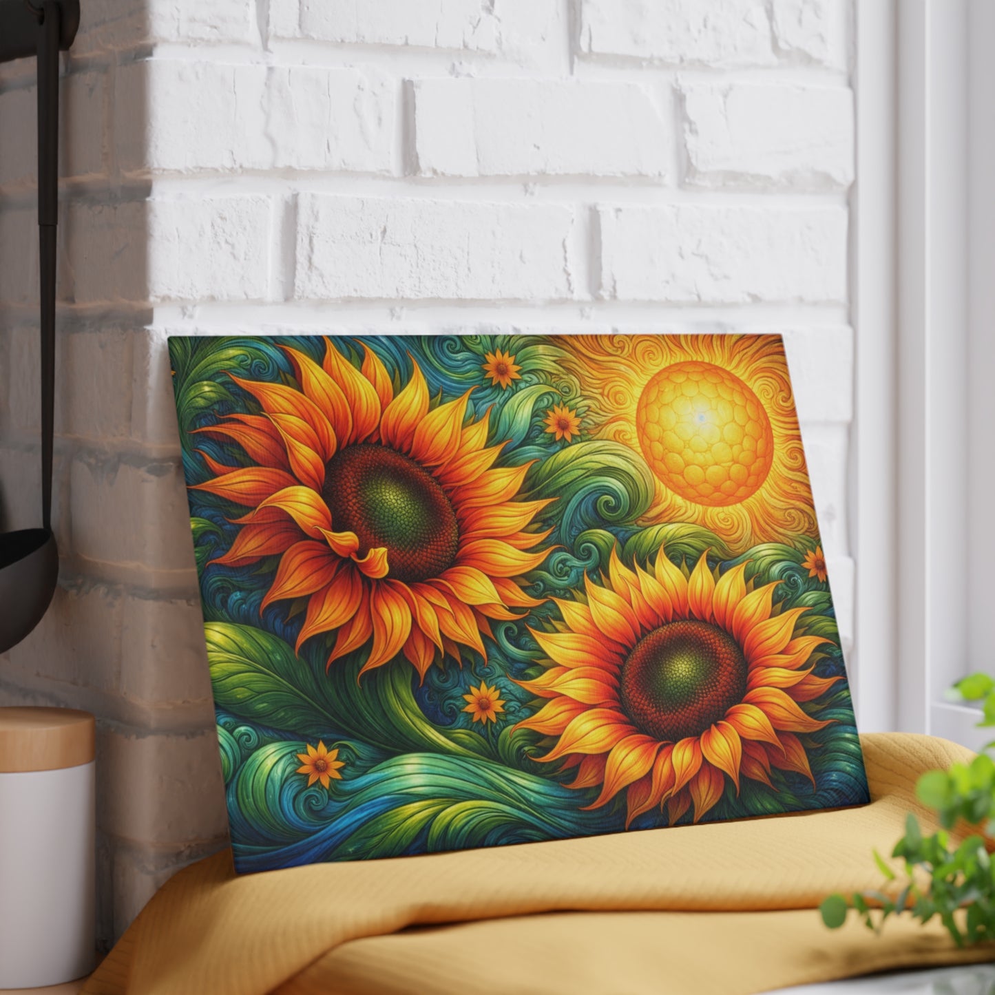Sunflower Swirl Glass Cutting Board – Vibrant Farmhouse Kitchen Decor