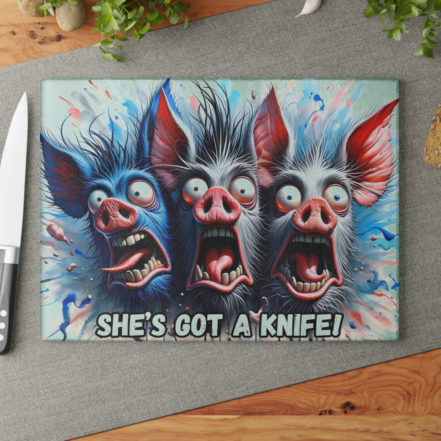 🐷🔪 “She’s Got a Knife!” Glass Cutting Board – Hilariously Spooky Farmhouse Vibes