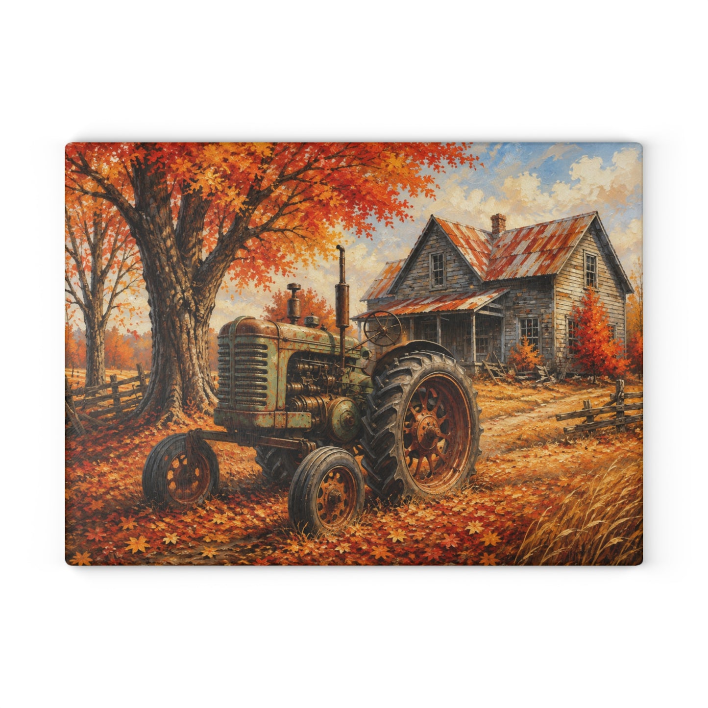 Vintage Tractor Autumn Glass Cutting Board – Rustic Farmhouse Fall Landscape with Old Country Farmhouse