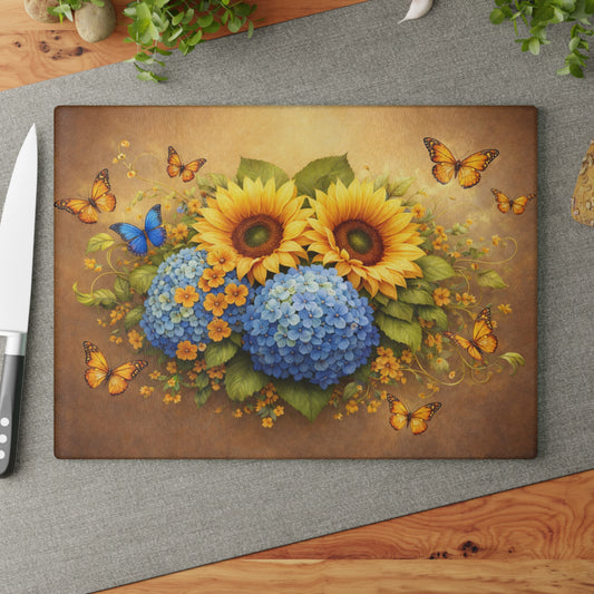 Sunflower & Hydrangea Butterfly Glass Cutting Board – Bright Floral Garden Kitchen Display
