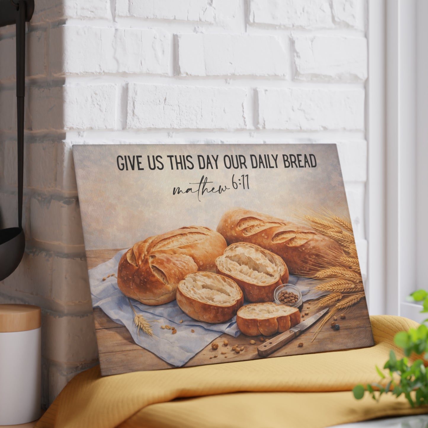 Give Us This Day Our Daily Bread Glass Cutting Board – Matthew 6:11 Faith-Inspired Kitchen Art