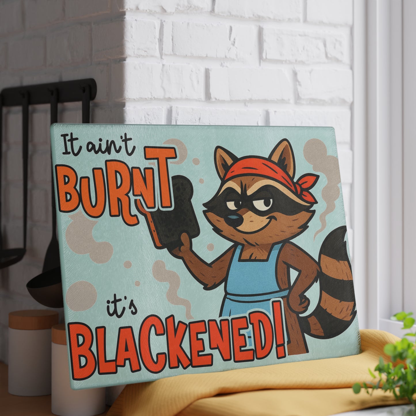 🦝🔥 Funny Raccoon Cutting Board – “It Ain’t Burnt, It’s Blackened” 😆