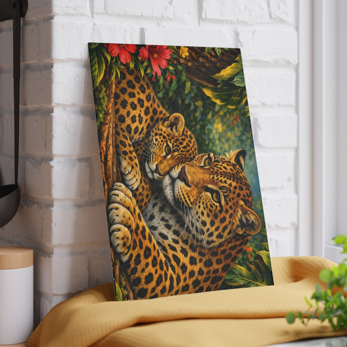Leopard Mother and Cub Glass Cutting Board – Jungle Wildlife Family Artwork
