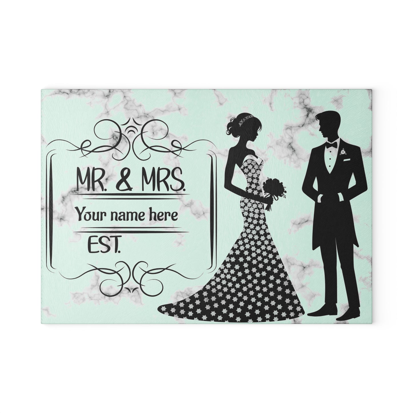 👰‍♀️ Elegante tabla de cortar de mármol para bodas de Sr. y Sra.: regalo personalizado para pareja con apellido y año