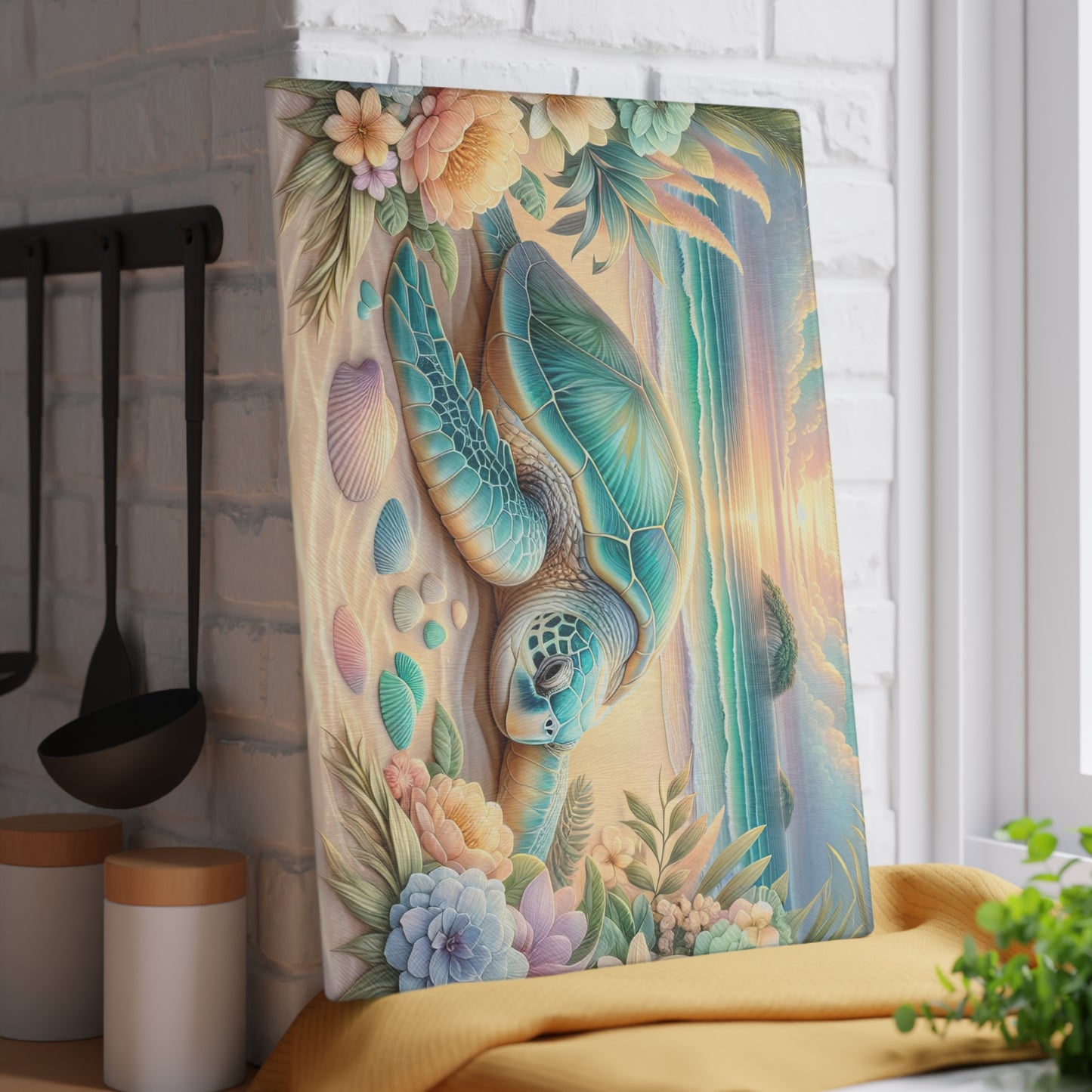 Tabla de cortar con diseño de tortuga marina y flores de playa: un escape tranquilo al océano para tu cocina