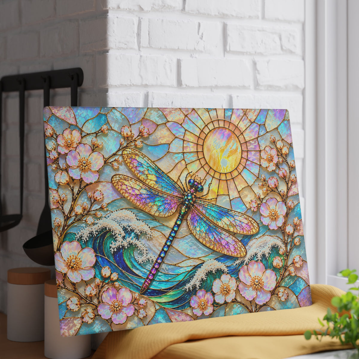 Stained-Glass-Inspired Dragonfly Cutting Board – Iridescent Rainbow Wings, Cherry Blossoms, Ocean Waves & Golden Sun Kitchen Décor