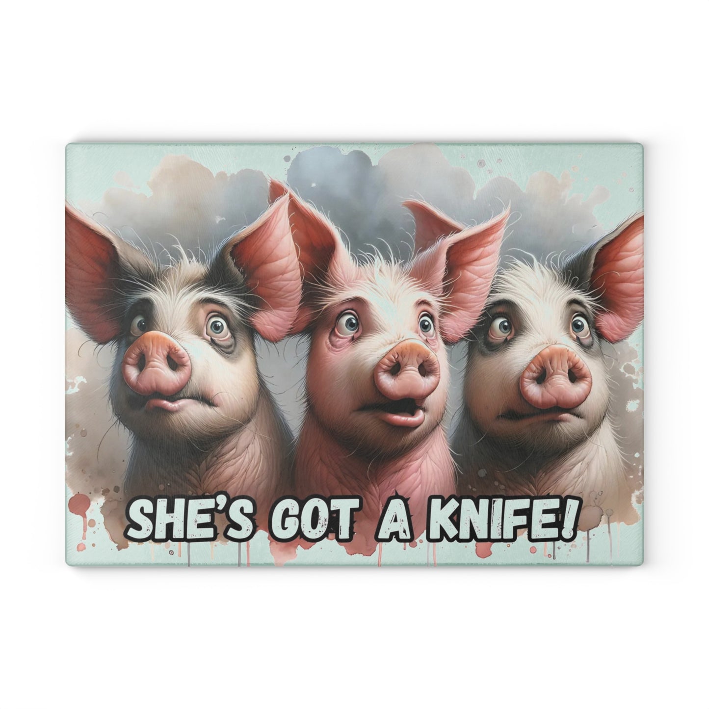 🐷😂 “Panic Pigs – She’s Got a Knife!” Glass Cutting Board – Laughs for Your Kitchen