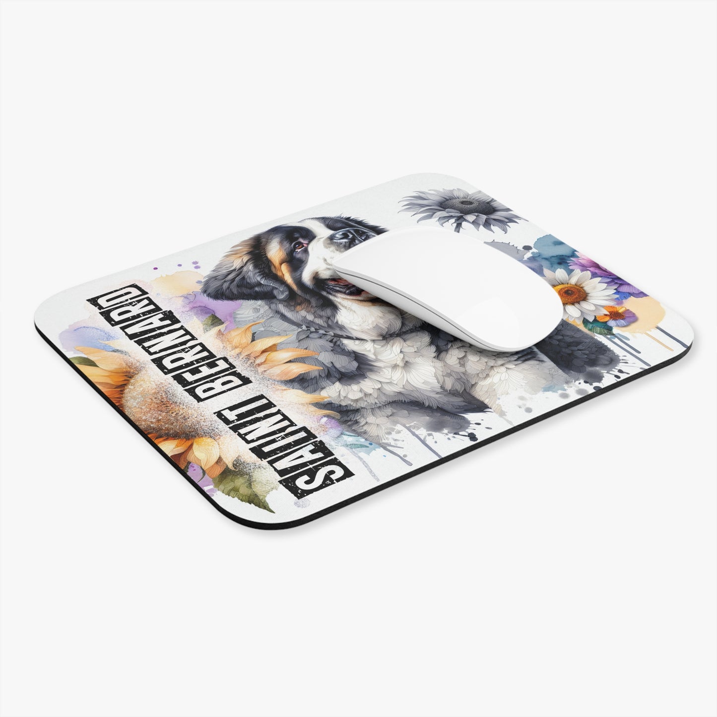 🖱️🐾🌻 Saint Bernard Mouse Pad – Gentle Giant with Sunflowers & Florals