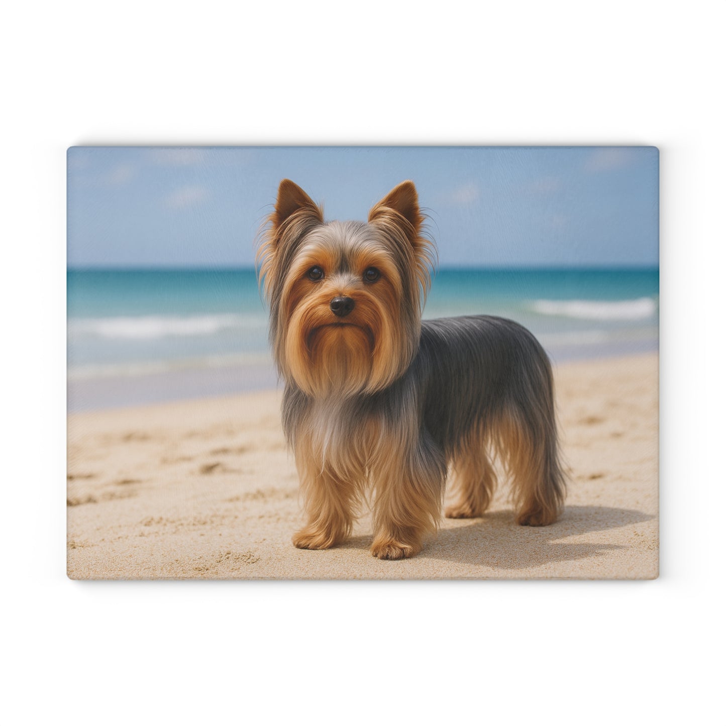🐾🌊 Yorkie by the Ocean Cutting Board – Breezy Elegance for Your Kitchen 🌴