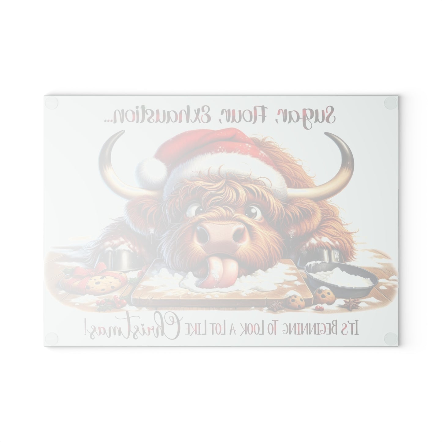 🤣🐮 “Sugar, Flour, Exhaustion” Highland Cow – Funny Christmas Baking Cutting Board 🎄✨