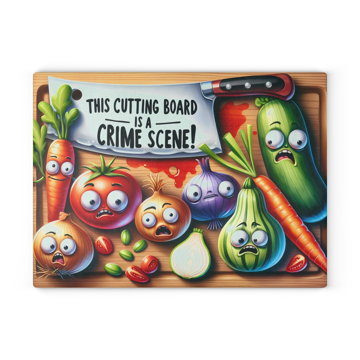 Tabla de cortar de vidrio con temática de escena del crimen en la cocina: verduras, pan y salami que gritan, decoración divertida para la cocina