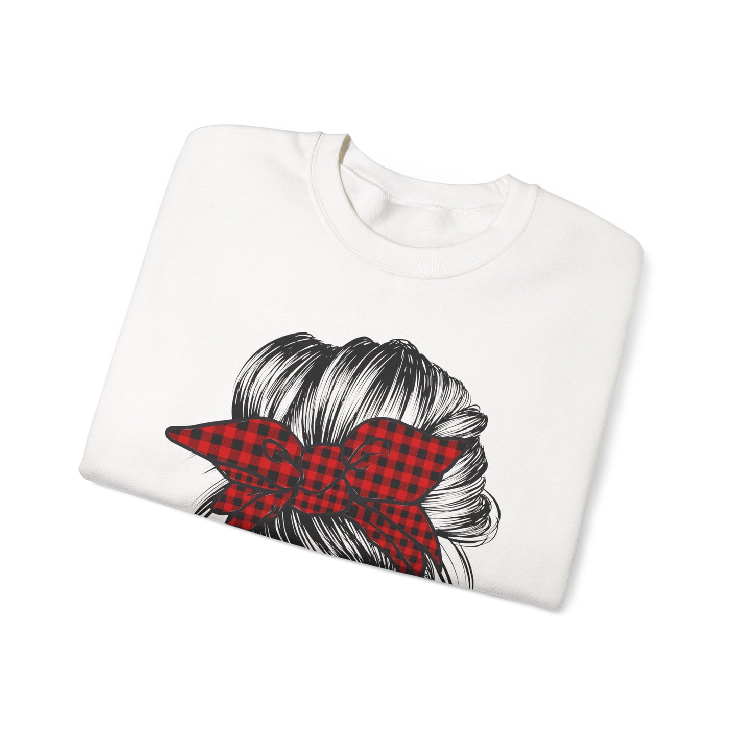 🎅✨ Santa Baby Buffalo Plaid Hair Bun Sweatshirt – Festive Holiday Vibes ❤️🖤