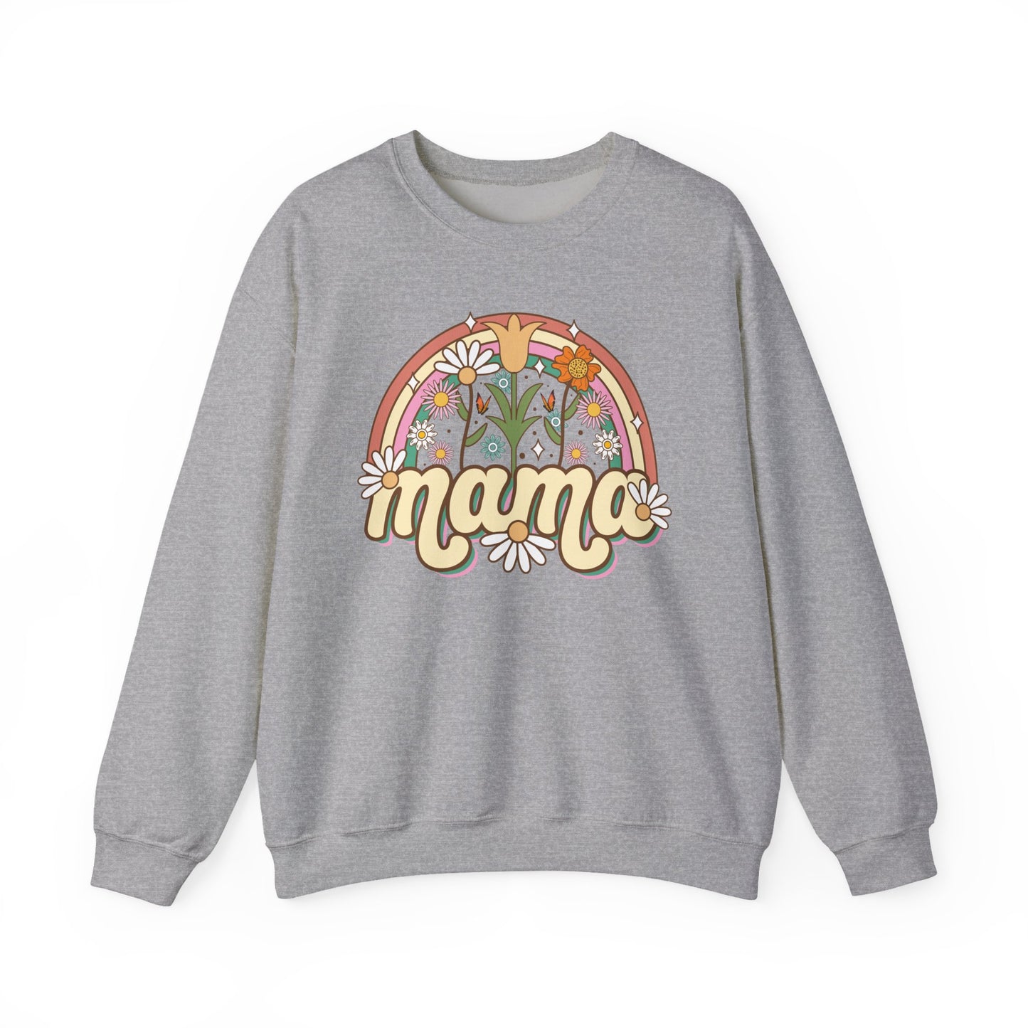 🌼🌈 Retro Floral Mama Sweatshirt – Vintage Rainbow Daisy Mom Crewneck